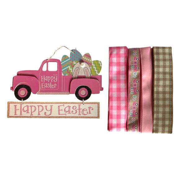 DIY Happy Easter Pink Truck Wreath Making Kit, Spring Sign Ribbon Bundle Set - Picture 1 of 6